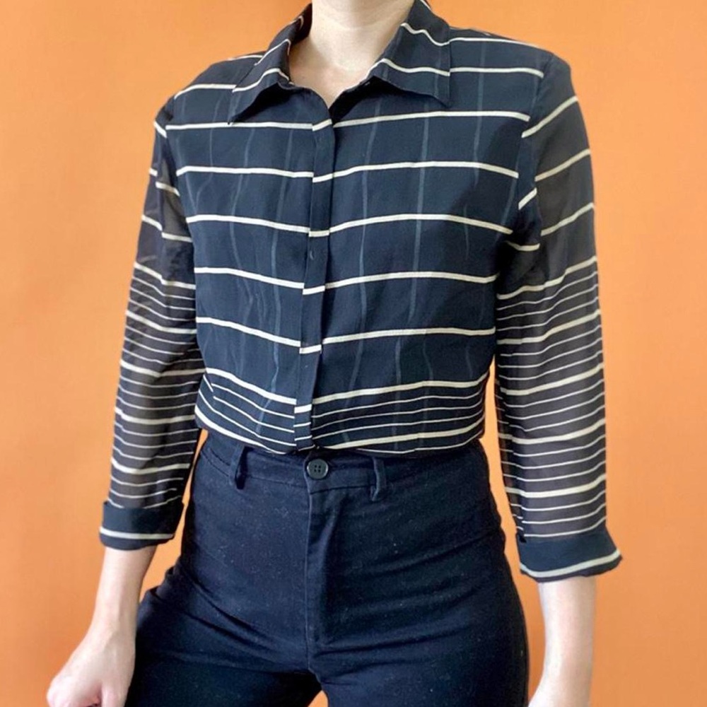 Vintage silk sheer striped button up blouse